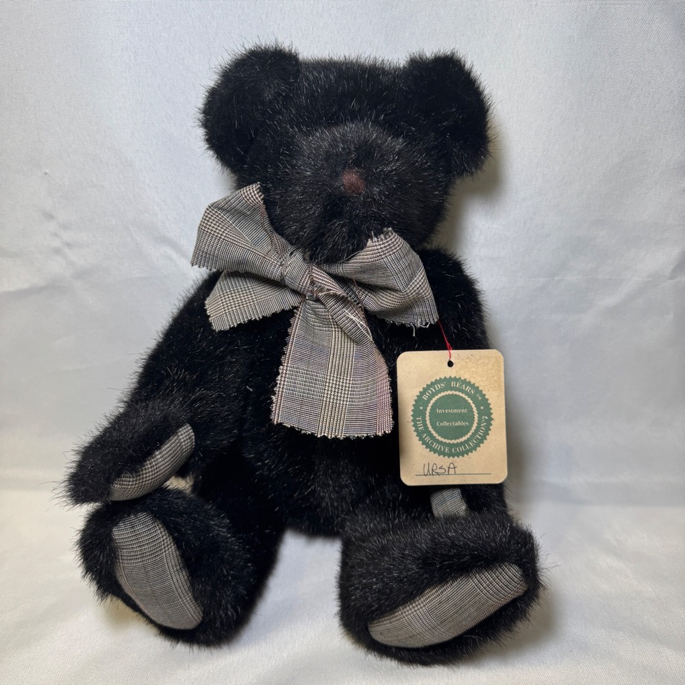 Boyds Bears Archive Collection Ursa Black Jointed Teddy Bear Plaid Bow 12 inch